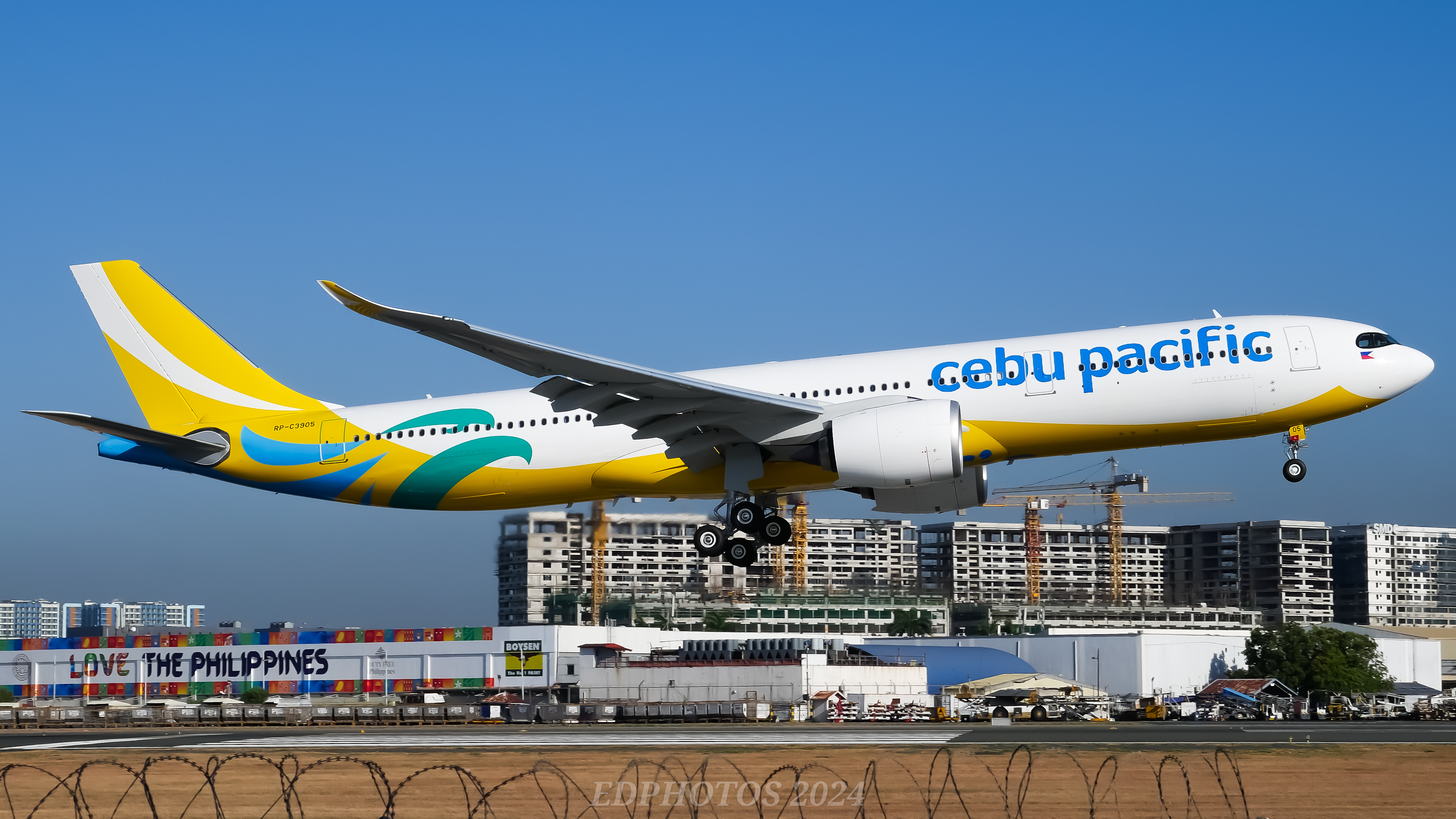 Cebu Pacific's newest Airbus A330neo (RP-C3905) arrives at Ninoy Aquino International Airport in Manila.